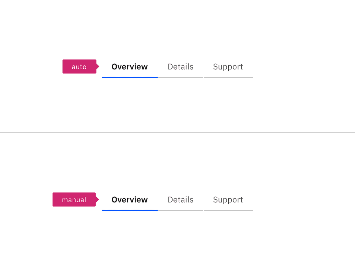 Two tabs, one with a pink annotation reading "auto", the other with an annotation "manual"